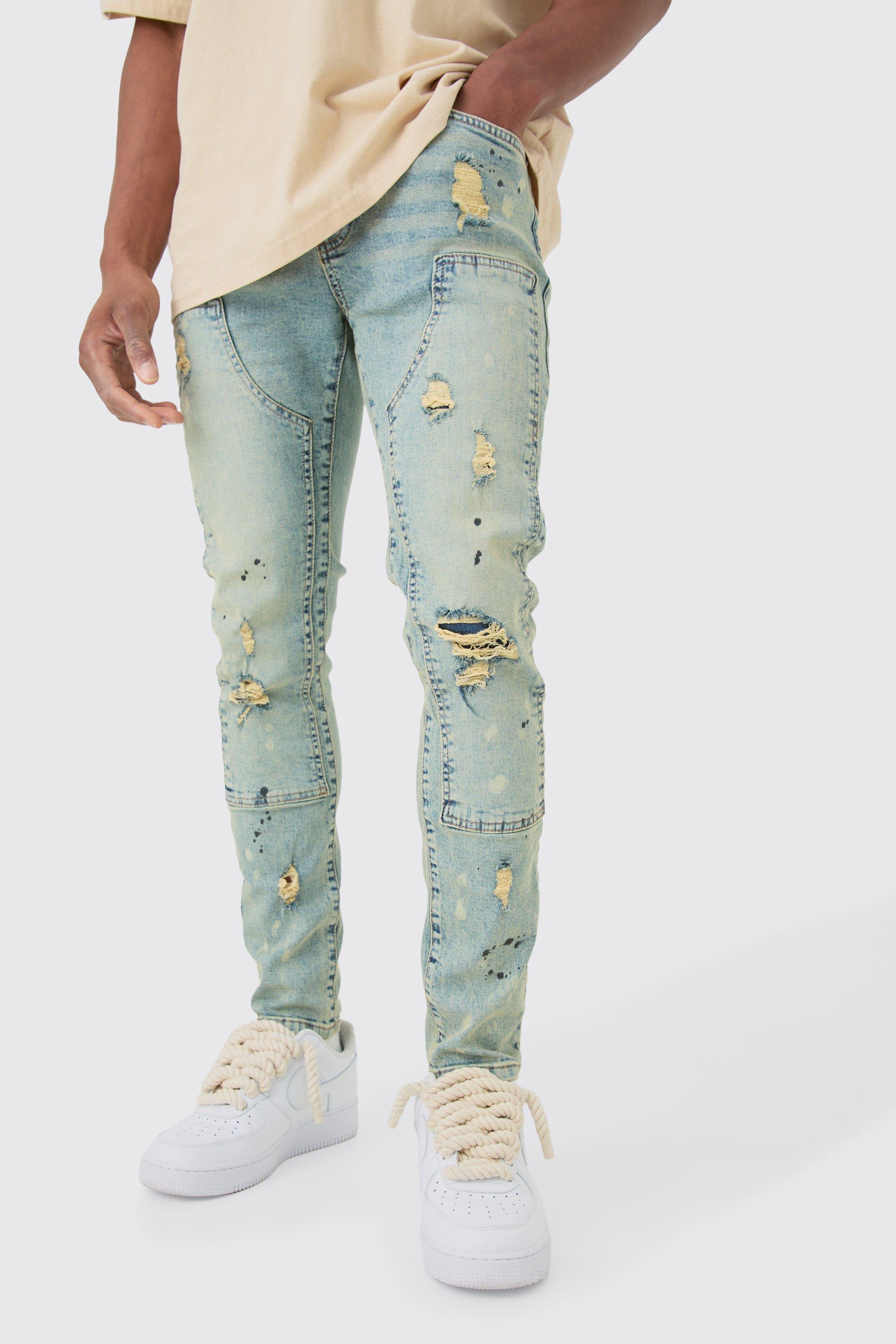 Mens Skinny Stretch Ripped Carpenter Jeans In Antique Blue, Blue